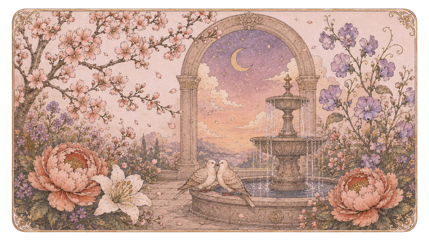 Garden courtyard with doves at a fountain